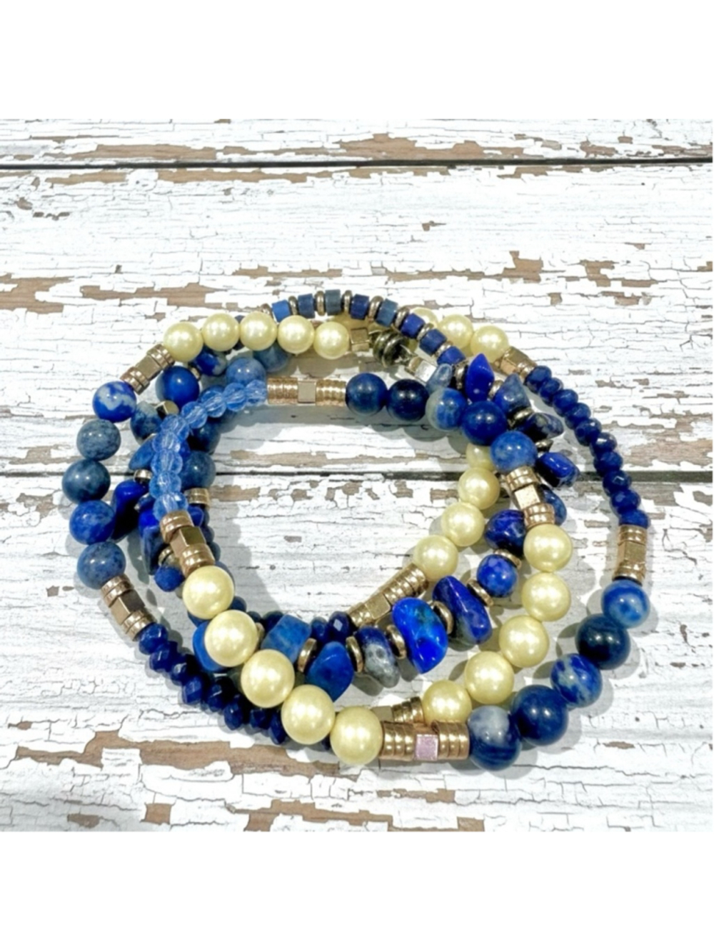 Chunky Mother of Pearl, Lapis Lazuli & Gold Hematite Triple Wrap Bracelet